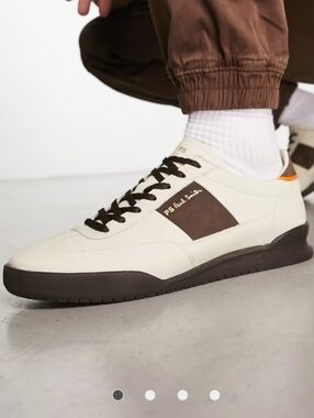 PS Paul Smith Men's Cream Leather Sneakers with Brown Accents